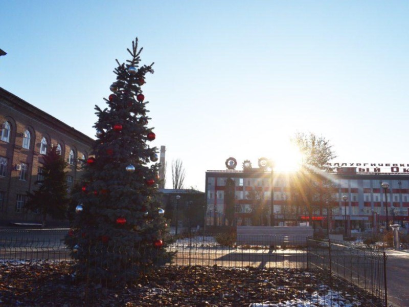 Новогоднюю елку с красно-золотыми шарами нарядили в сквере Металлургов в Волгограде