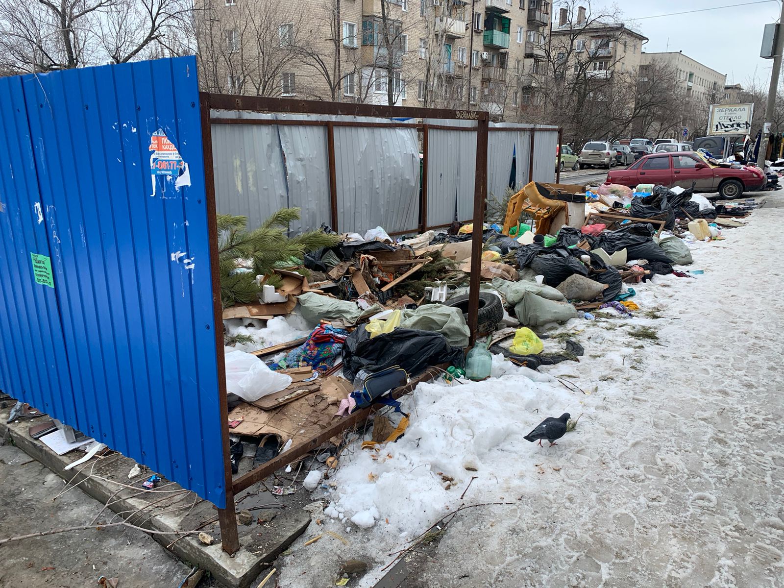 Целая гора мусора вперемешку с новогодними елками и покрышками не убрана в Волгограде