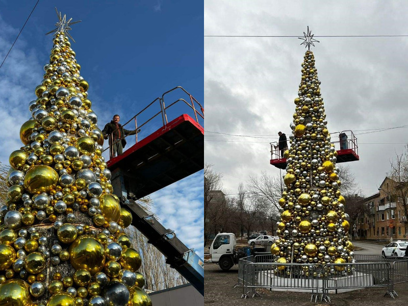 За полтора месяца до Нового года в сером и слякотном Волгограде установили первую елку